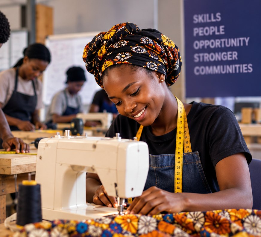 AI-generated illustration of young people learning sewing and carpentry skills