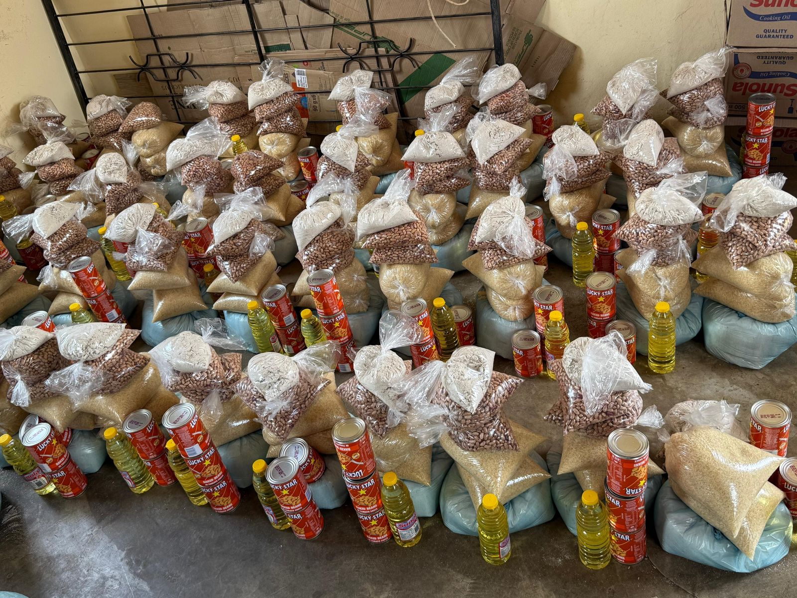 Food parcels with rice, beans and cooking oil